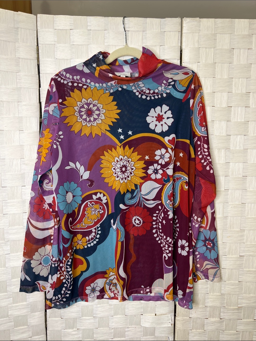 Jade Multicolor Floral Mesh Mock Neck Top Size 1X Yellow & Blue